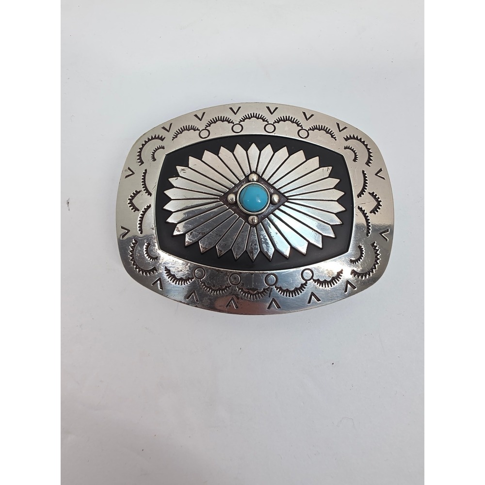 Western Sunburst Belt Buckle Silver Tone Turquoise Style Stone 
 Stamped Metal